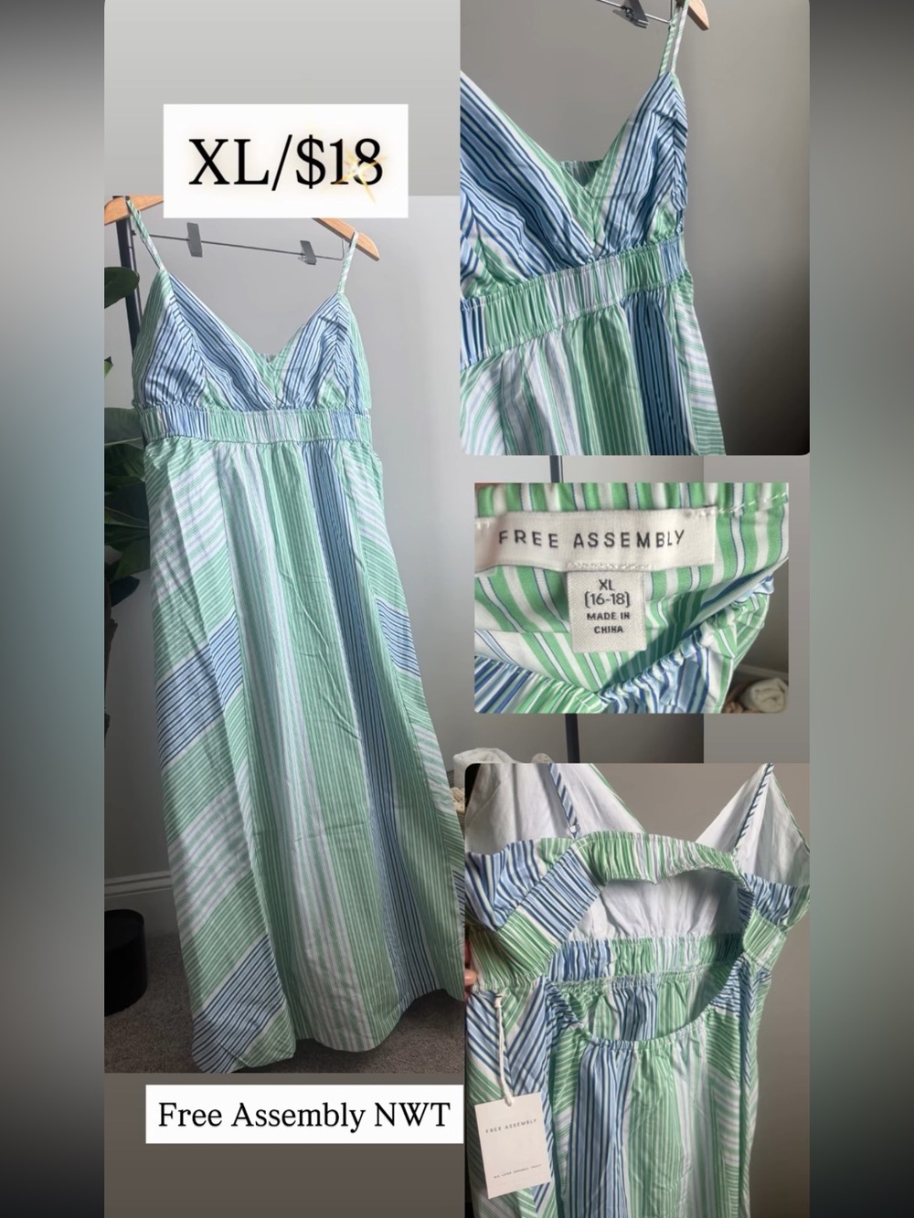 Free Assembly Green & Blue Striped Midi Dress - XL